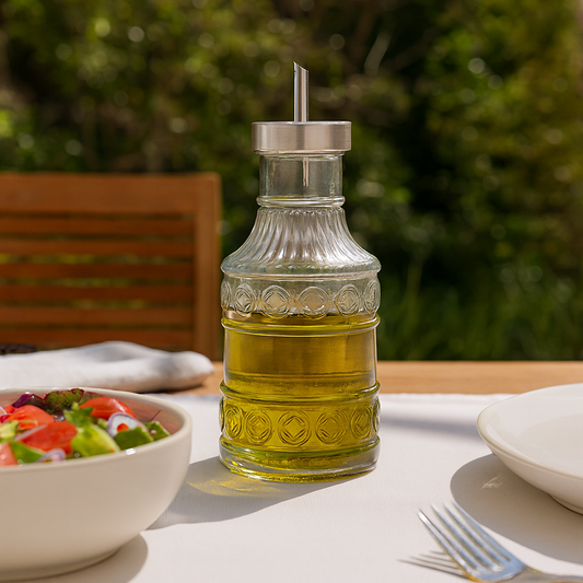 Huilier en verre décoré avec bec verseur inox