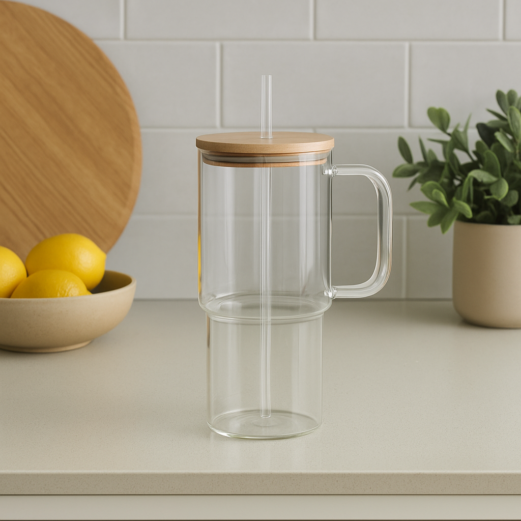 Mug en verre avec couvercle bambou et paille LÉO