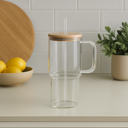 Mug en verre avec couvercle bambou et paille LÉO