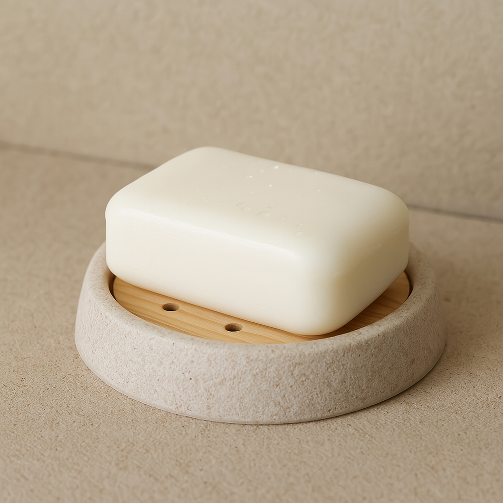 Porte-savon en grès beige et bois ANDREA