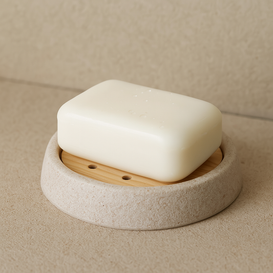 Porte-savon en grès beige et bois ANDREA