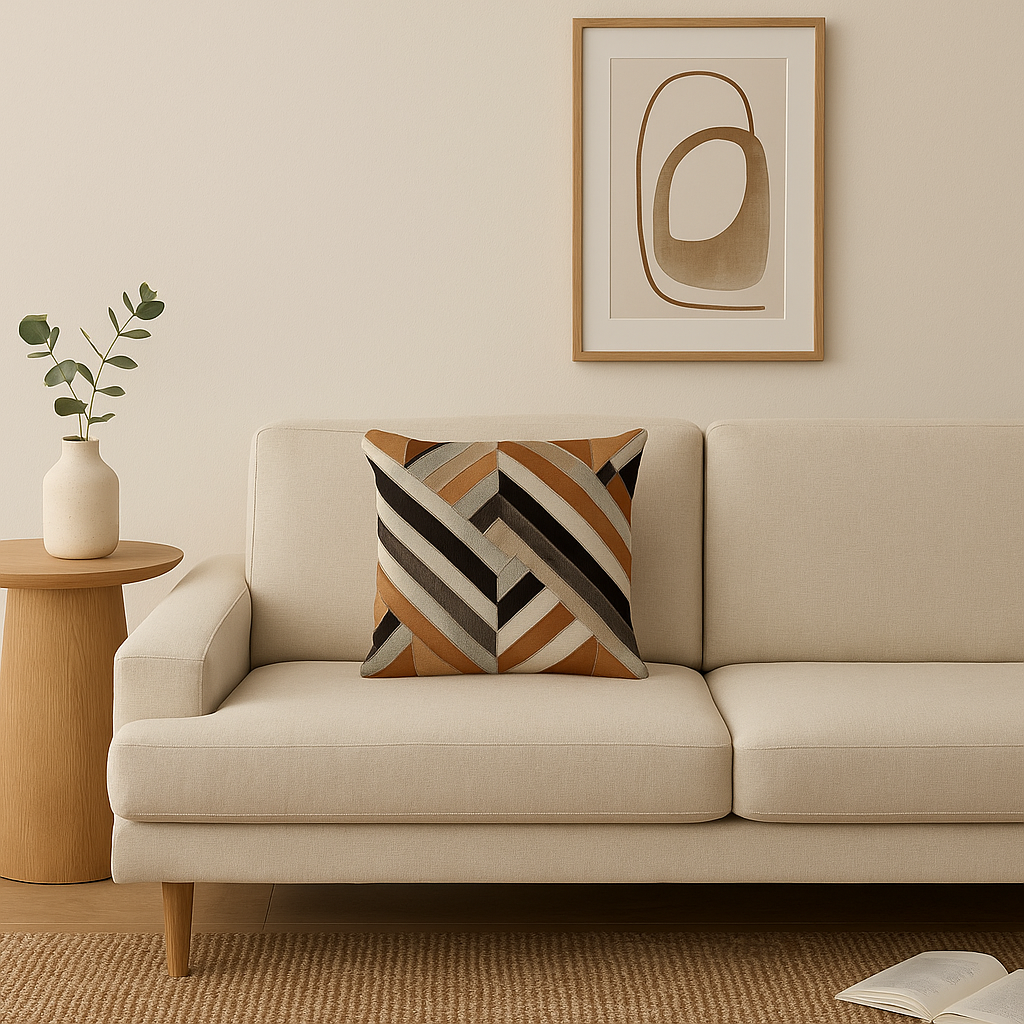Coussin motif anomalier en cuir patchwork