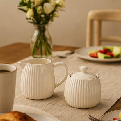 Ensemble sucrier et laitière en porcelaine nervurée blanche ÉMILIE