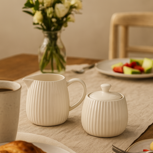 Ensemble sucrier et laitière en porcelaine nervurée blanche ÉMILIE