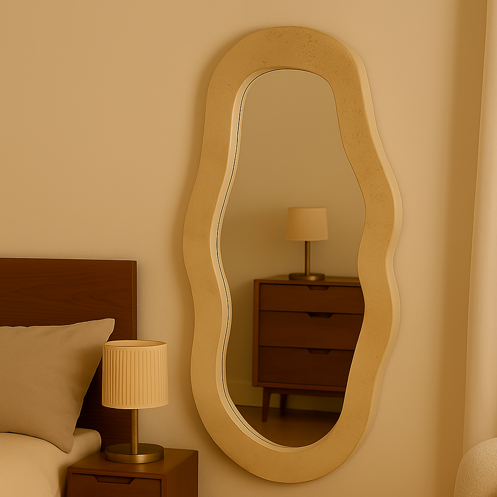 Grand miroir mural organique beige