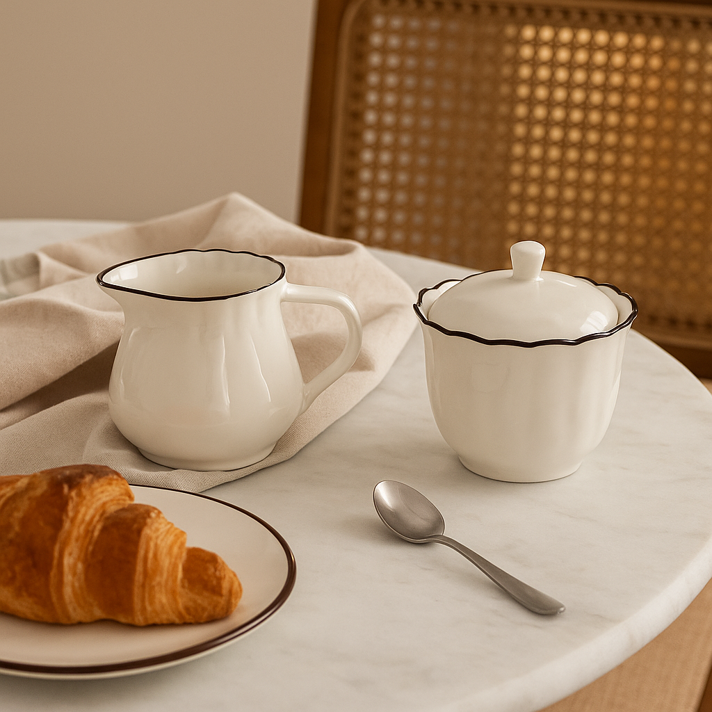 Laitière et sucrier en porcelaine blanche aux bords ondulés CELESTE