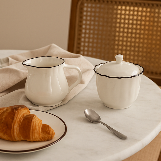 Laitière et sucrier en porcelaine blanche aux bords ondulés CELESTE