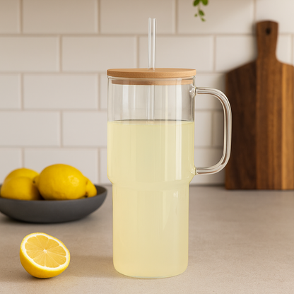Mug en verre avec couvercle bambou et paille LÉO