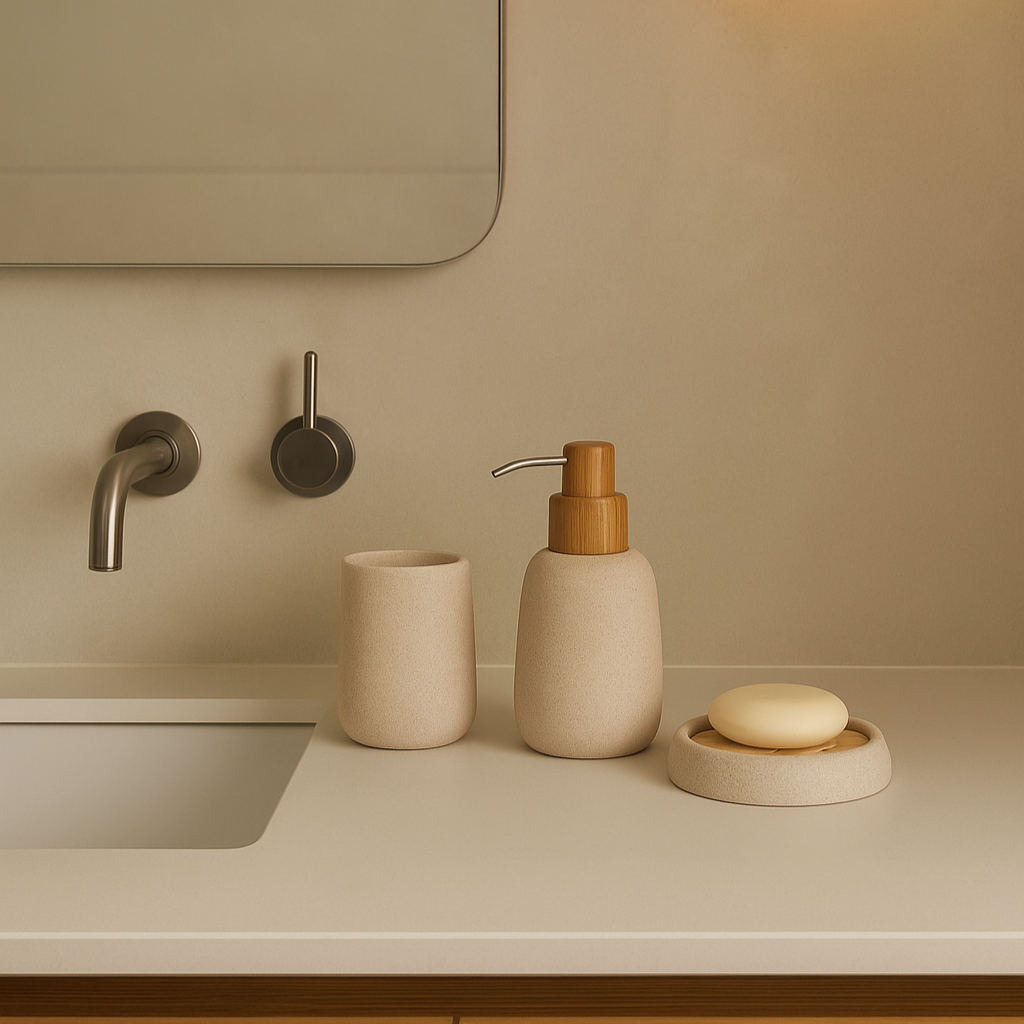 Porte-savon en grès beige et bois ANDREA