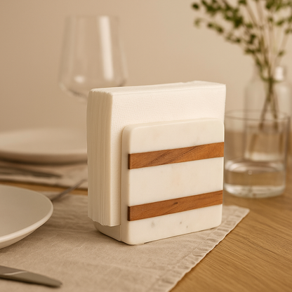Porte-serviettes en marbre blanc et acacia