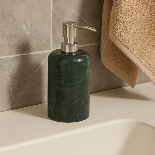 Distributeur de savon en marbre vert et acier inoxydable