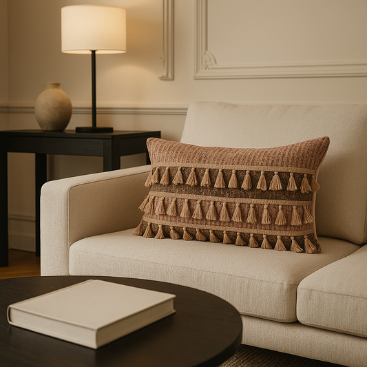 Coussin rectangulaire bohème à pompons bordeaux
