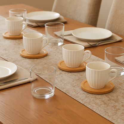 Lot de tasses en porcelaine avec soucoupes en bambou