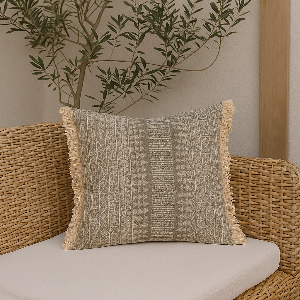 Coussin carré à franges à motif bohème beige ANITA