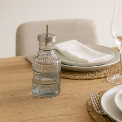 Huilier en verre décoré avec bec verseur inox