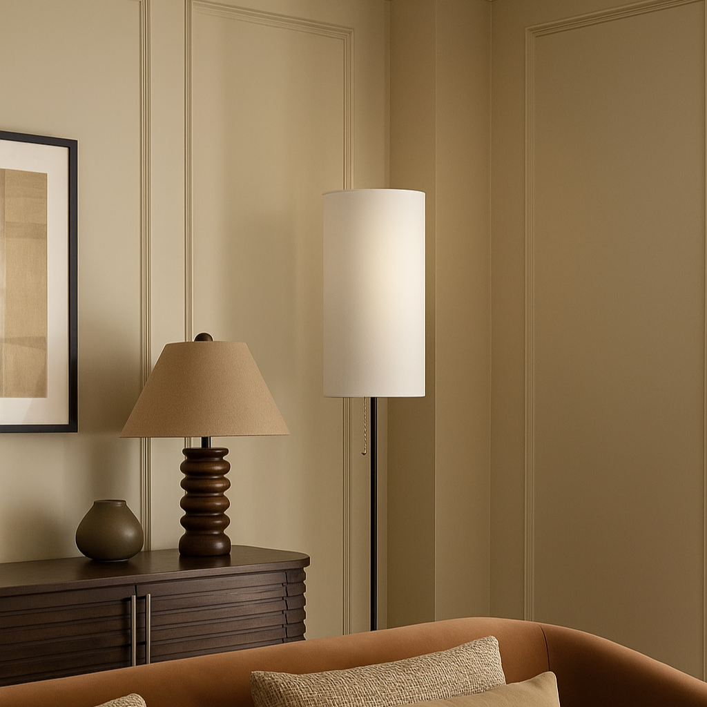 Lampadaire cylindrique noir et abat-jour blanc