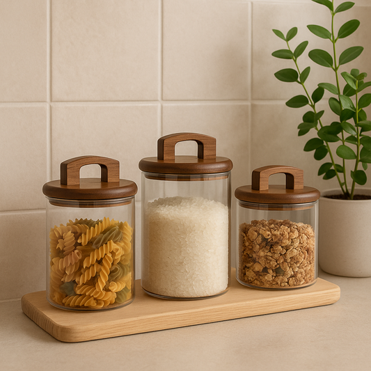 Bocaux en verre et bois avec anses (3 pièces)