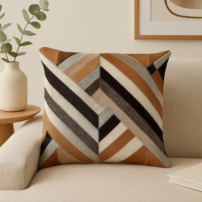 Coussin motif anomalier en cuir patchwork