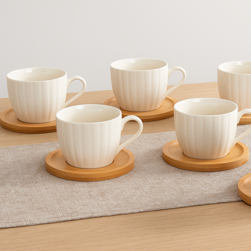 Lot de tasses en porcelaine avec soucoupes en bambou