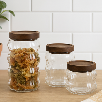 Bocaux en verre ondulé avec couvercle bois