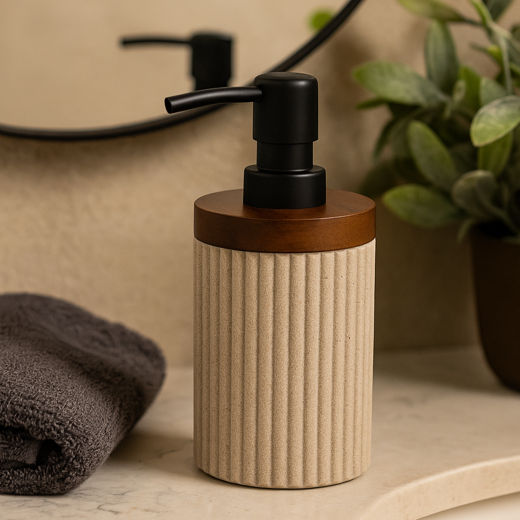 Distributeur de savon texturé en résine beige et bois foncé ALBA