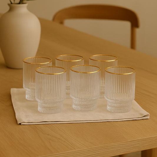 Set de 6 verres striés transparents bord doré CLÉO