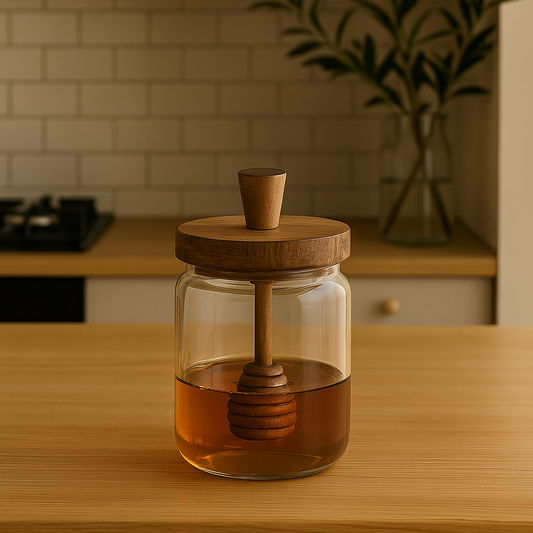 Pot à miel en verre et bois naturel avec cuillère intégrée WINNIE