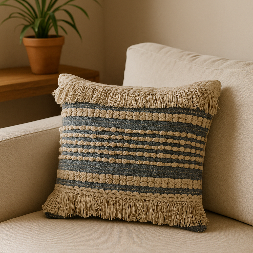 Coussin en coton texturé beige & bleu avec franges