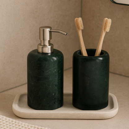 Distributeur de savon en marbre vert et acier inoxydable