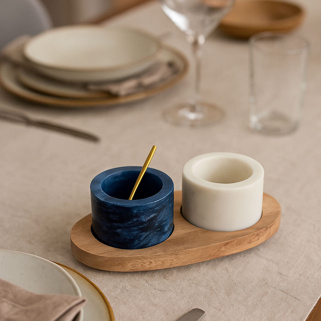 Duo de pots à sel et poivre en marbre et bois avec cuillère dorée