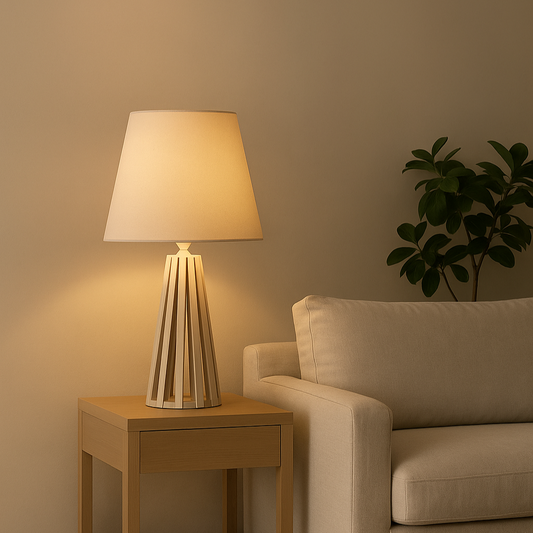 Lampe de table en bois blanc avec abat-jour tissu SOLANE