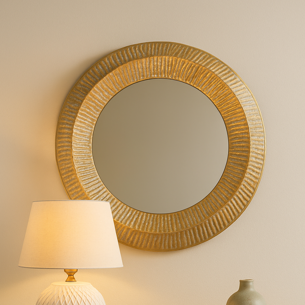Miroir mural rond doré brossé
