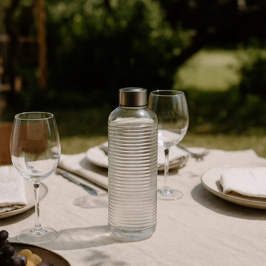 Bouteille en verre transparent rayé avec bouchon en aluminium