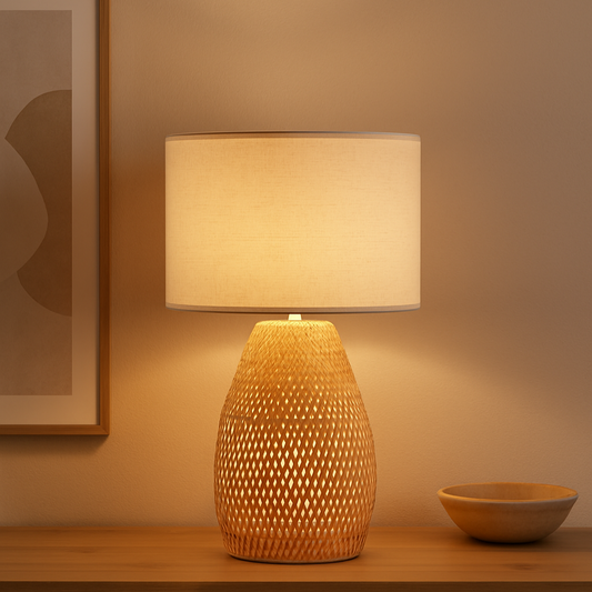 Lampe à poser en bambou tressé et abat-jour clair