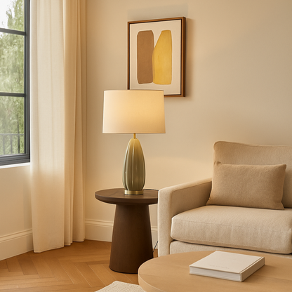 Lampe en grès vert avec abat-jour blanc en lin LAURA