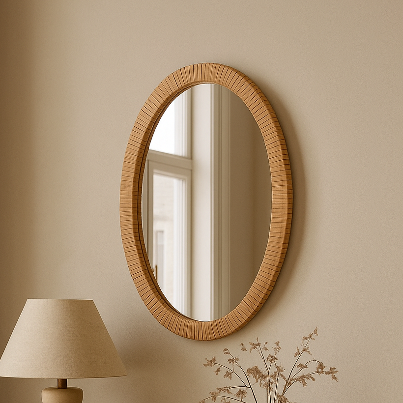 Miroir mural oval en rotin naturel