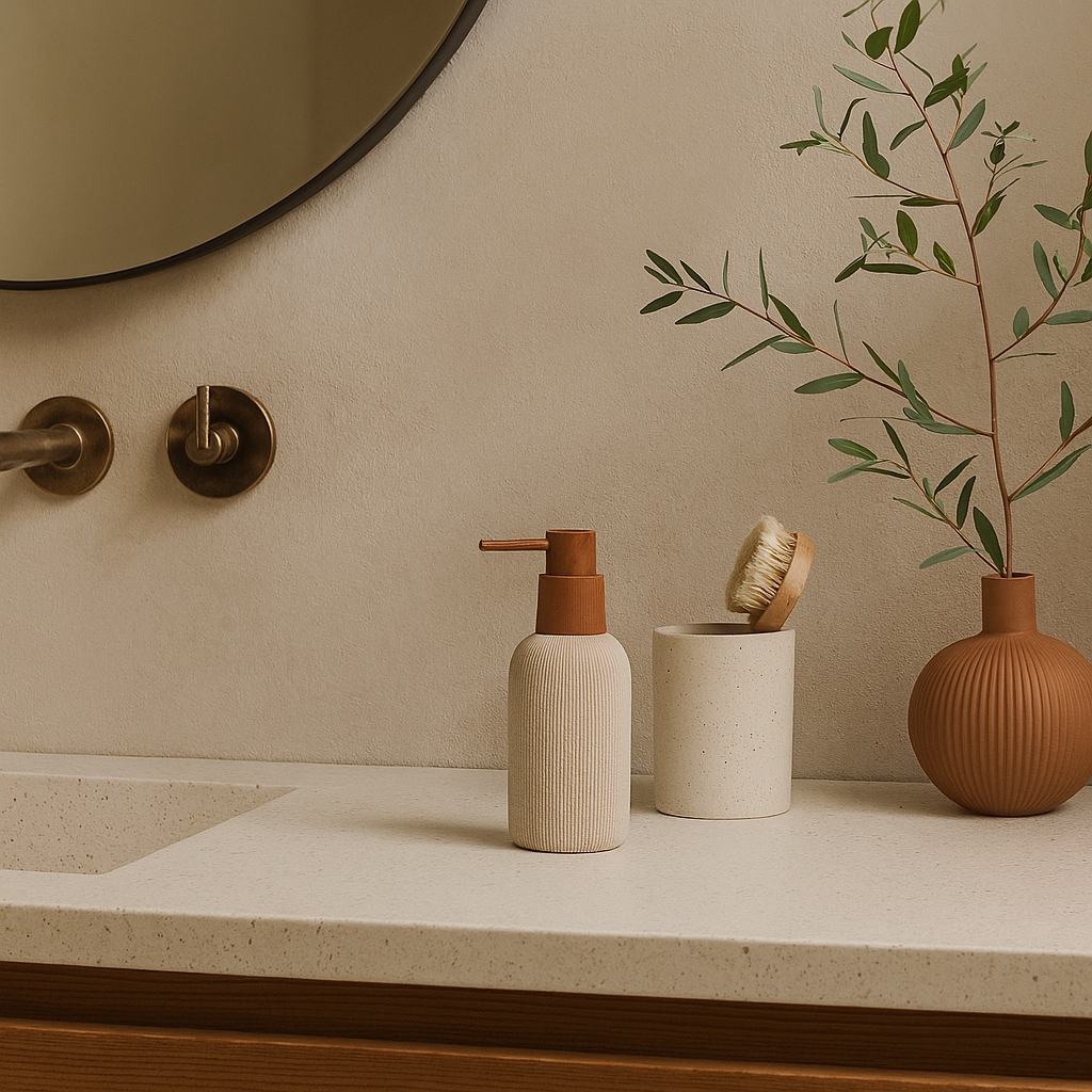 Distributeur savon en résine nervurée beige et marron NOBU