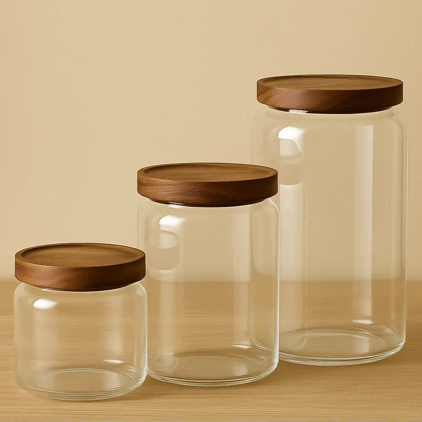 Set de 3 bocaux en verre et bois d'acacia RUDY