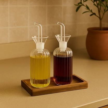 Ensemble huilier/vinaigrier en verre et bois KINA
