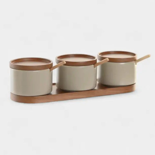 Set de trois pots à épices en céramique et bois KORI