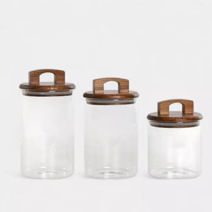 Bocaux en verre et bois avec anses (3 pièces)