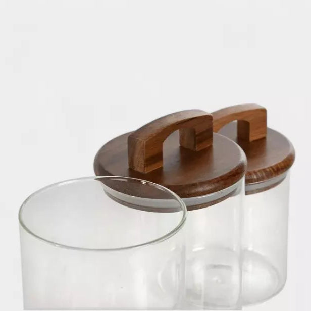 Bocaux en verre et bois avec anses (3 pièces)