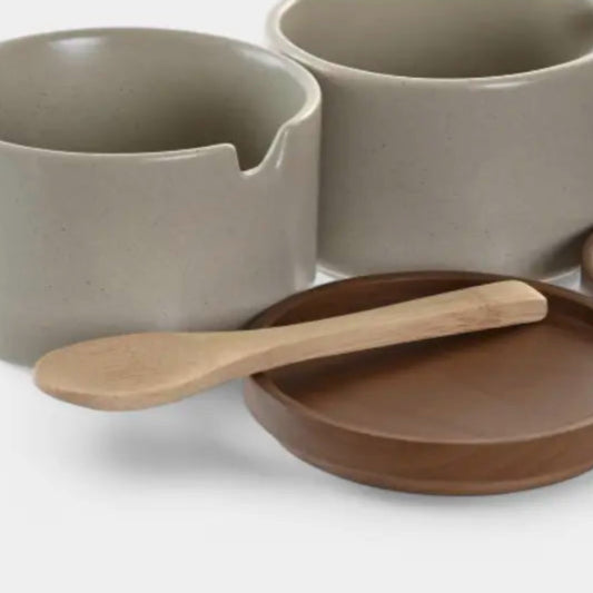 Sucrier beige et bois d'hévéa KENDRA