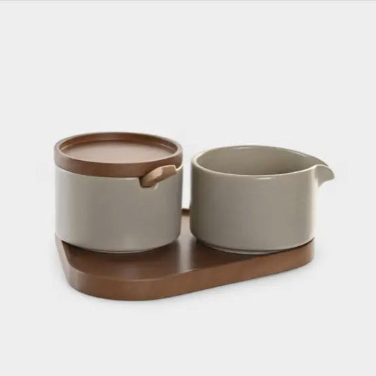 Sucrier beige et bois d'hévéa KENDRA