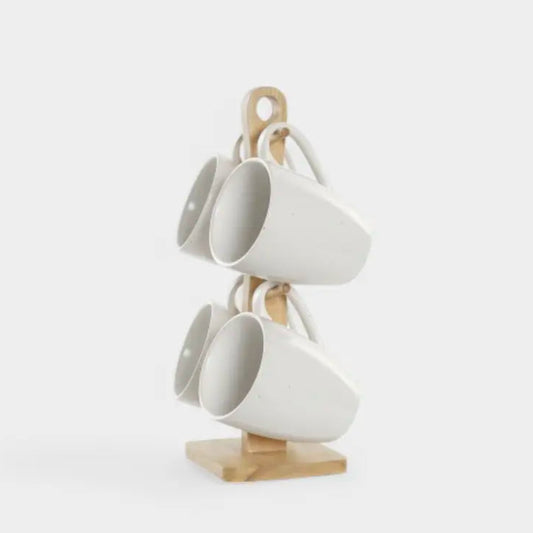 Ensemble de 4 mugs DKD Home Decor Blanc Naturel Bois d'hévéa Grès 300 ml 19 x 13 x 31 cm