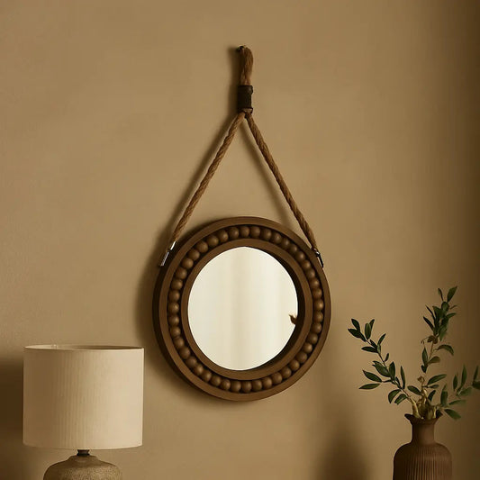 Miroir rond suspendu en bois et corde MARCEL