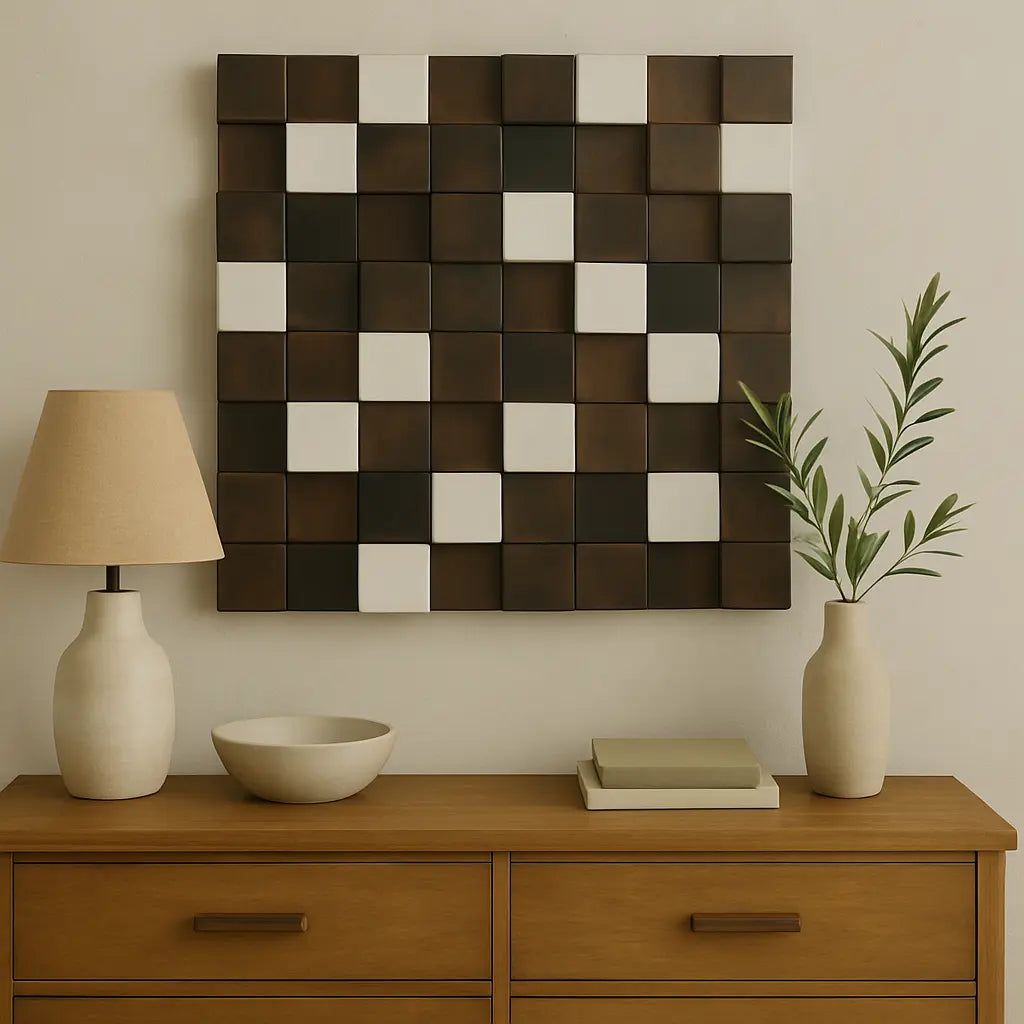 Tableau mural en bois 3D – Damier naturel