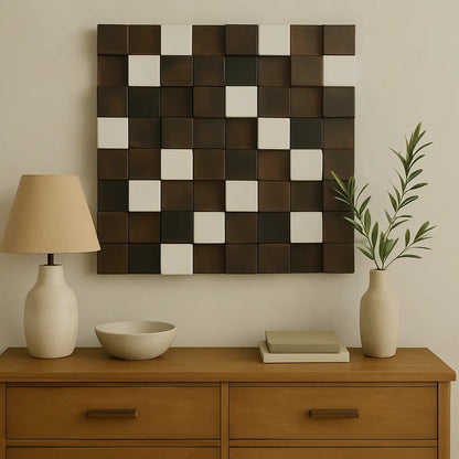 Tableau mural en bois 3D – Damier naturel
