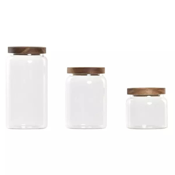 Set de 3 bocaux en verre et bois d'acacia RUDY