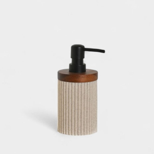 Distributeur de savon texturé en résine beige et bois foncé ALBA
